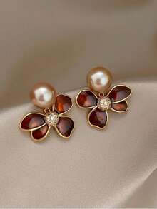 topshiny 1 Pair Amber & Coffee Color Drip Oil Flower & Pearl Earrings, Luxury Elegant Earrings For Women, Suitable For Daily, Travel, Party Wear - Brown - View 5