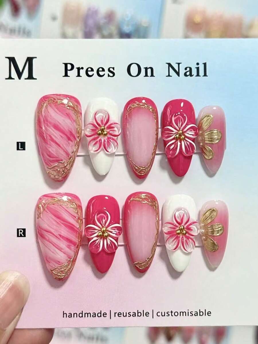 10pcs Peach Pink Embossed Almond Shaped Tie Dye Handmade Fake Nails - Hot Pink - View 1