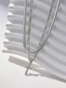 2pcs/Set Fashion Stainless Steel Blade Chain & Basic Chain Necklace Set With Rhinestone Cross Pendant For Women - Silver - View 4