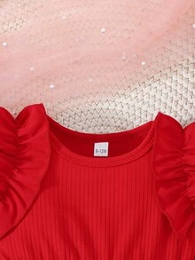Baby Girls' Vintage Contrast Color Ruffle Hem Rose Print Cap Sleeve Dress, Cute & Stylish - Red - View 4