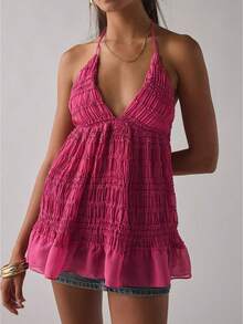Women Summer Y2k Lace-Up Halter Tops Deep V-Neck Smocked Camisole Sleeveless Sheer Ruffle Hem Babydoll Tank Tops Backless Peplum Cami Shirt Boho Beach Vacation Tops Fairy Printed Aesthetic Clothes - Màu Hồng Tươi - Xem 1
