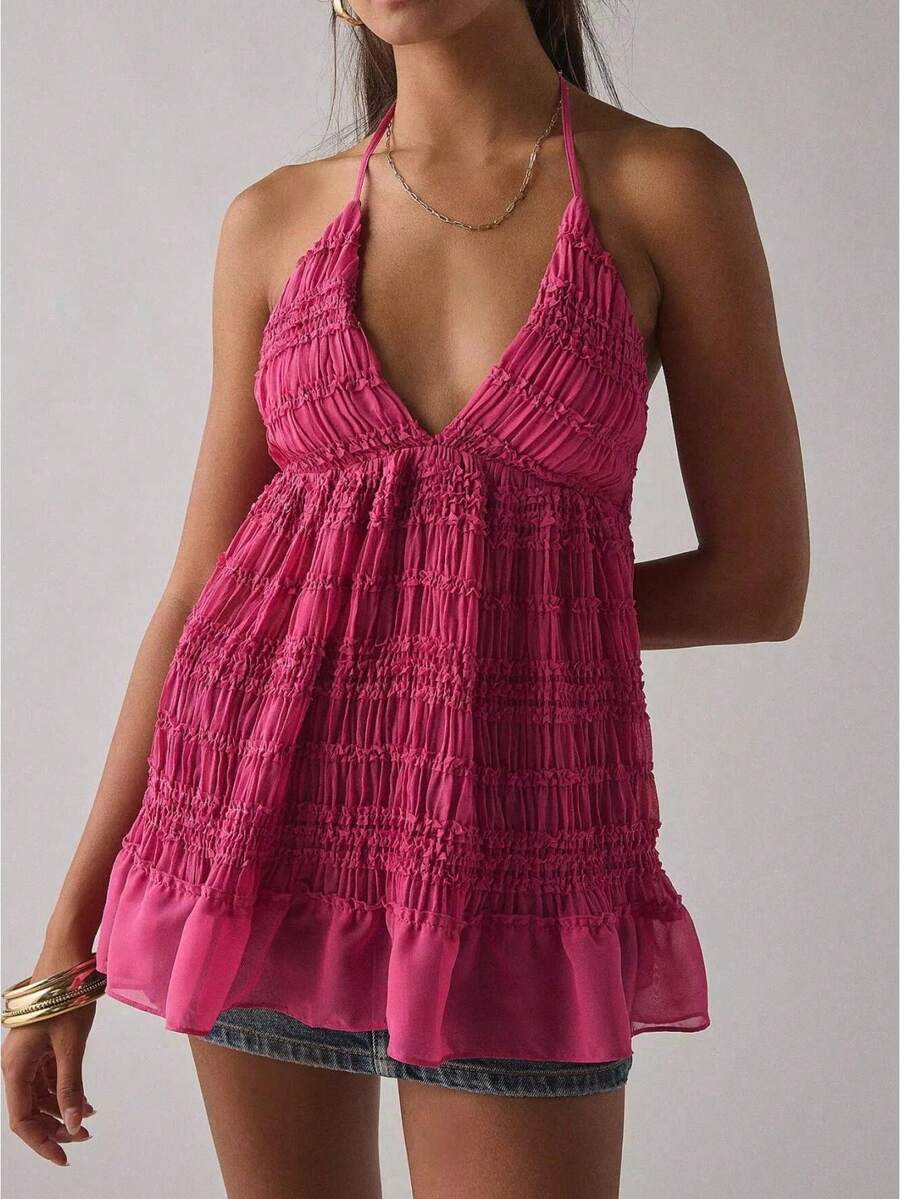 Women Summer Y2k Lace-Up Halter Tops Deep V-Neck Smocked Camisole Sleeveless Sheer Ruffle Hem Babydoll Tank Tops Backless Peplum Cami Shirt Boho Beach Vacation Tops Fairy Printed Aesthetic Clothes - Màu Hồng Tươi - Xem 1