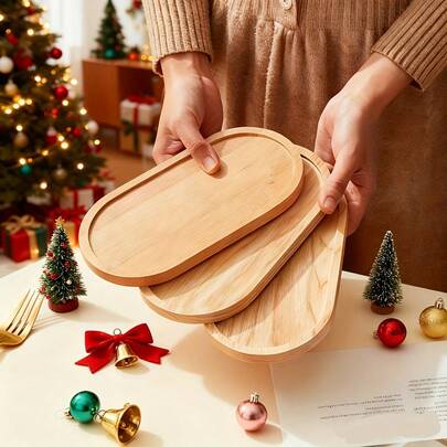 三层椭圆形竹托盘 - 可堆叠竹木多功能收纳托盘，嵌套式设计，适用于浴室、厨房台面、餐桌 - 节省空间装饰展示托盘（非食品接触）