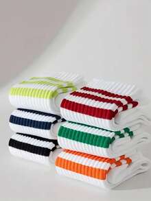 6 Pairs Colorful Vertical Striped Mid-Calf Socks, Autumn/Winter - Multicolor - View 4