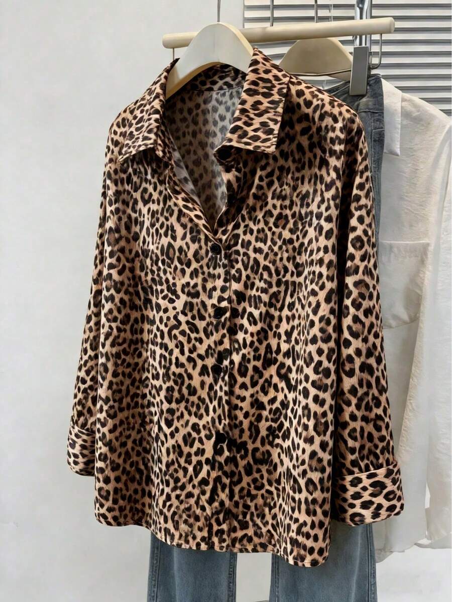 Women's Fashion Leopard Print Collar Long Sleeve Casual Blouse - Brown - View 1