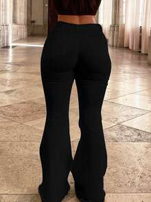 Plus Size Women's Mid-Rise Flared Jeans, Sexy Ripped Elastic Raw Hem Denim Flared Pants, Casual Wear Fashion Trousers - 黑色 - 查看 3