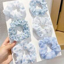 6pcs Blue Scrunchie Hair Ties, Fresh Korean Fashion Fabric Hair Ties Hair Scrunchies (The Tray In The Picture Is For Photography Purposes Only, The Actual Packaging Will Be As Per The Product) Scrunchy Hair Ties - 彩色 - 查看 6