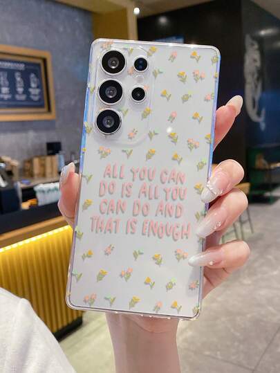 1pc Floral & Letter Pattern Transparent Soft TPU Phone Case, Anti-Scratch Anti-Fingerprint Protective Cover With Precise Camera Cutout, Compatible With Samsung, Nothing, Pixel, INFINIX, Redmi