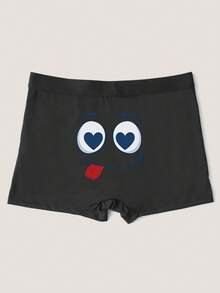 Bóxer de con estampado de cara sonriente, ropa interior cómoda y elástica para uso diario - Negro - Ver 2