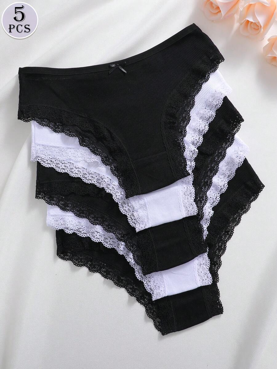 5 Stück/Set Damen Spitze Patchwork bequeme atmungsaktive Schleife Dekor Höschen Set, weich dehnbar lässige Unterwäsche - Verschiedenfarbig - Übersicht 1