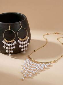 3pcs/Set Luxury Exquisite Smiling Faux Pearl Tassel Gold Necklace + Earrings Jewelry Set, Suitable For Men & Women, Holiday Party, Daily Wear, Carnival, Valentine's Day, Wedding, Back To School, Jewelry Gift - Multicolor - View 6