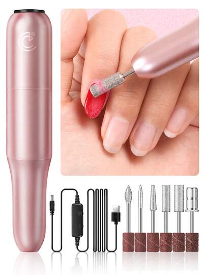 peacecolor 6 piezas Kit profesional de lima de uñas eléctrica rosa, incluye lima de uñas eléctrica portátil, adecuado para eliminar esmalte de gel, dar forma a uñas acrílicas, salón de uñas DIY en casa, regalo ideal para mujeres