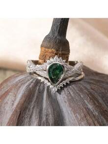 1 pieza Anillo de corona con gota de agua verde geométrica de lujo para mujer, accesorio de joyería ideal para bodas y fiestas (sin caja) - Plateado - Ver 5