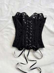 European And American Young Vacation Sexy Avant-Garde Off-The-Shoulder Lace Double-Layer Fitted Corset Bustier Top, INS White Hollow Embroidered Shapewear, Ate Night Outfits Women Tops For Going Out, Wedding Guest Dress Women Fall Women Clothes,Sexy Top - màu đen - Xem 2