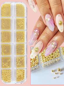 12-Compartment Box Metal Nail Art Decorations, 6 Sizes Mini Luxury Small Nail Beads, Gold & Silver Caviar Nail Jewelry, Nail Art Supplies DIY For Women Nail Charms - Gold - View 2