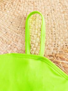 两件套荧光绿性感比基尼套装，不对称肩带+镂空腰部设计，沙滩度假泳装 - 青檸色 - 查看 4