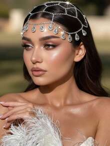 时尚奢华镂空网状泪珠吊坠头链，女士迷人闪亮珠宝，头饰，发藤链，头饰珠宝，女士珠宝