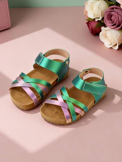 2026 Spring/Summer Limited Edition Rainbow Satin 3-12 Years Old Girls Toddler Soft Bottom Walking Shoes, Rainbow Satin PU Material, Green & Pink Contrast Strap Design, Vintage Brown Soft Wood Feeling Sole, Hook And Loop Ankle Strap, Skin-Friendly Soft Lining, Non-Slip Cushioned Soft Sole, Open Toe Adjustable Strap, Sweet & Energetic Summer Casual Style Girls Sandals