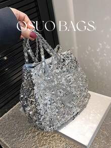 2026春夏新款亮片装饰单肩包，亮片字母贴片斜挎包，优雅百搭，带化妆包内衬，晚宴手拿包 - 銀色 - 查看 2