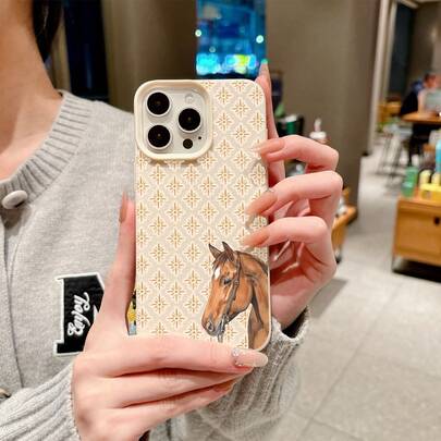 1pc Vintage Floral Hand-Painted Brown Horse Print Textured Anti-Fall Anti-Slip Soft Phone Case Cover, Compatible With Apple Phones