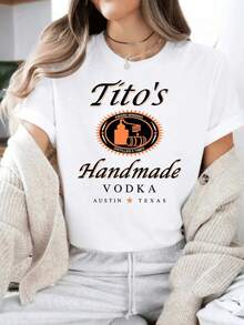 Shirt Austin Texas Label Shirt Vodka Alcohol Shirt Tito'S Fan Gift Loose Style For Women Perfect For Holiday Parties GiftGift For Her Letter Print Comfortable Pure Cotton Material Skin Friendly Soft And Cool Summer Women T-Shirt - 白色1 - 查看 1