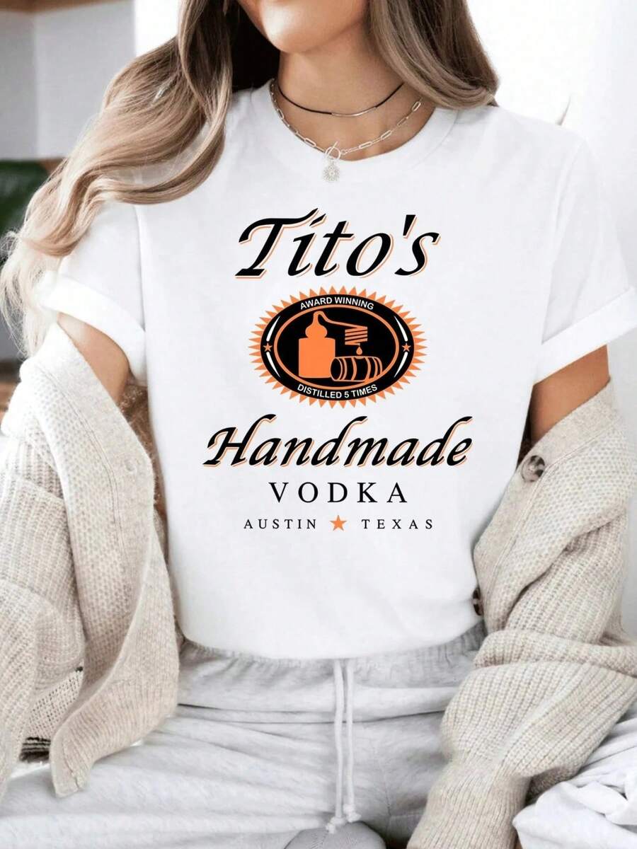Shirt Austin Texas Label Shirt Vodka Alcohol Shirt Tito'S Fan Gift Loose Style For Women Perfect For Holiday Parties GiftGift For Her Letter Print Comfortable Pure Cotton Material Skin Friendly Soft And Cool Summer Women T-Shirt - 白色1 - 查看 1