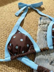 新款波点印花串珠露背开衩泳衣，适合海滩、泳池派对、假日度假 - 棕色 - 查看 6