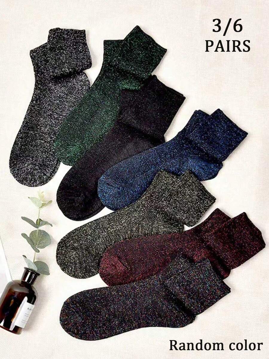 3双/6双随机女士袜子，秋冬款，闪亮银线，时尚优雅中筒袜 - 彩色 - 查看 1