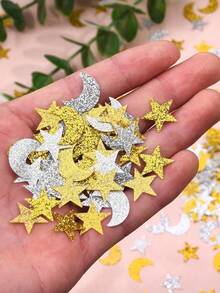 100pcs Star And Moon Paper Confetti, Double-Sided Table Paper Confetti With Colorful Flower Sequins, Wedding And Birthday Decorations, Moon And Star Party Decorations, Gold, Silver, Pink, Blue Baby Shower, Gender Explanation Party - Multicolor - View 6