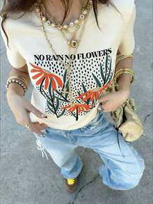 Summer New Simple Fashion Artistic Orange Flower Polka Dot Background Retro Illustration Print Casual Round Neck Short Sleeve T-Shirt, Fashionable & Versatile Women Top - Apricot - View 1