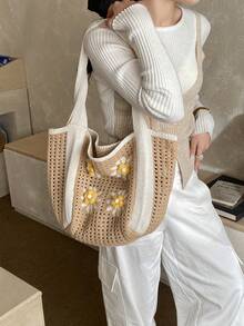 Dedoo Bohemian Style Women's Handbag, Large Capacity Open-Top Tote, Beach Bag, Travel Accessory, Woven Texture, Suitable For Work, School, Beach, Crochet, Holiday (Flower Color/Position Random) (Strap Color/Pattern Random) - Apricot - View 5