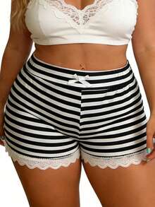 Womens Plus Size Mini Shorts Casual Slim Fit Stylish Striped Lace Trim Elastic Low Rise Shorts for Spring/Summer - Negro - Ver 2