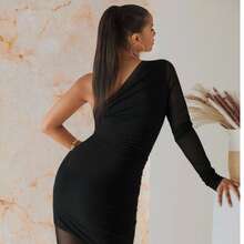 WOMEN BLACK ONE-SHOULDER DRESS WITH STONES ON THE FRONT - Black - View 2