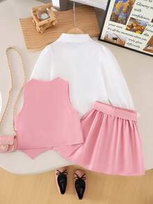4pcs Girls Cute Preppy Style 3D Bow Sleeveless Vest + Long Sleeve Shirt + Fake Pocket Skirt With Belt, Autumn/Winter - Pink - View 3