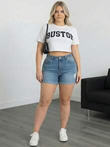 Women's Summer Fashionable Casual Slim Fit Plus Size Denim Shorts, Medium Stretch, With Distressed Ripped Hem Design, Suitable For Daily Wear - Blue - View 6