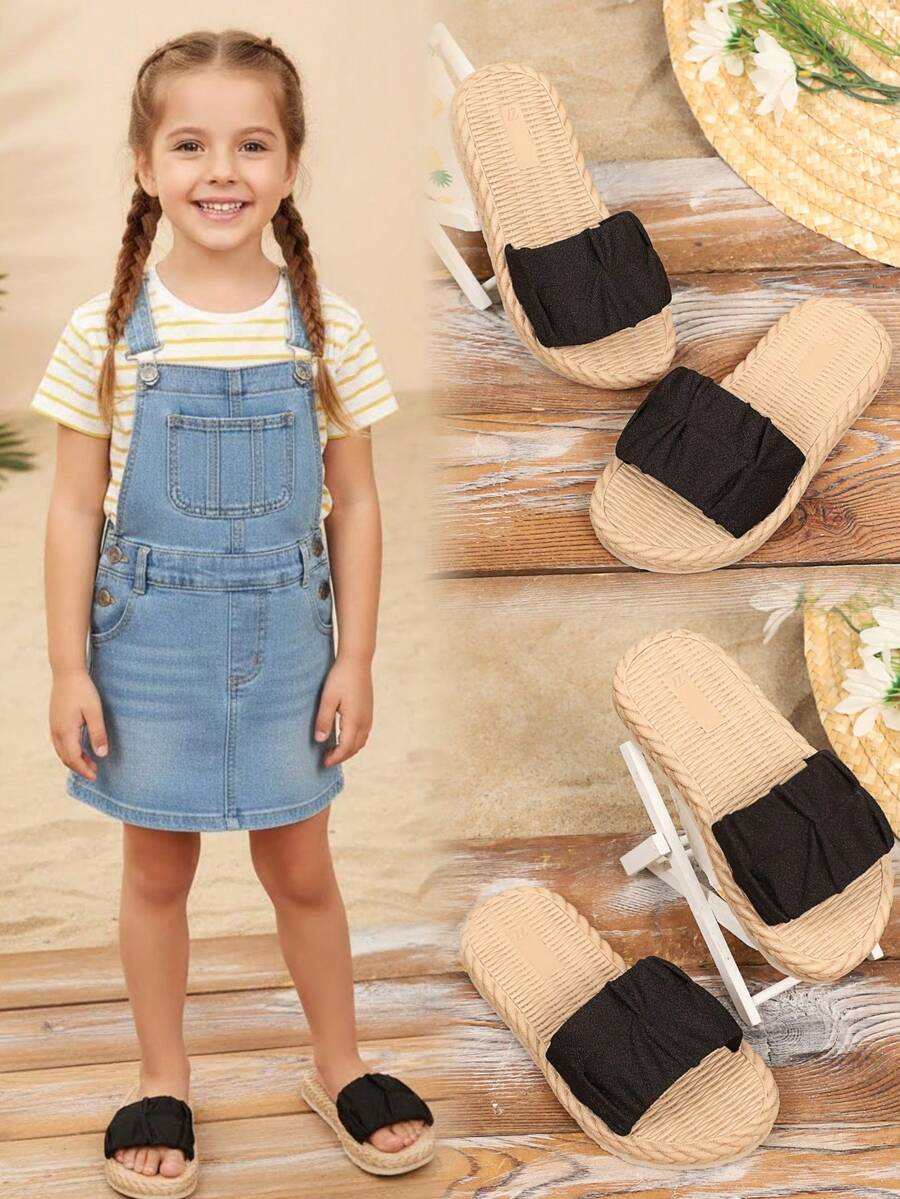 1双女士黑色布艺高弹透气减震防滑耐磨圆头鱼嘴造型简约时尚沙滩风泡沫平底拖鞋，适合3-15岁女孩日常、居家、旅行、派对穿着，2026春夏新款泡沫拖鞋 - 黑色 - 查看 1