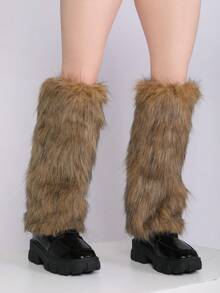 Y2K Style Brown Fuzzy Leg Warmers, Suitable For Everyday Wear - Brown - View 5