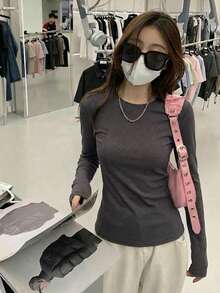 Slim Fit Round Neck Dark Grey Casual Street Style Fashion New Year Round Neck Long Sleeve T-Shirt For Women, Spring/Autumn - 009 Dark Gray - View 2