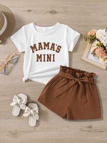 Young Girl Letter Print Short Sleeve T-Shirt And Solid Color Belted Shorts - Yellow - View 1