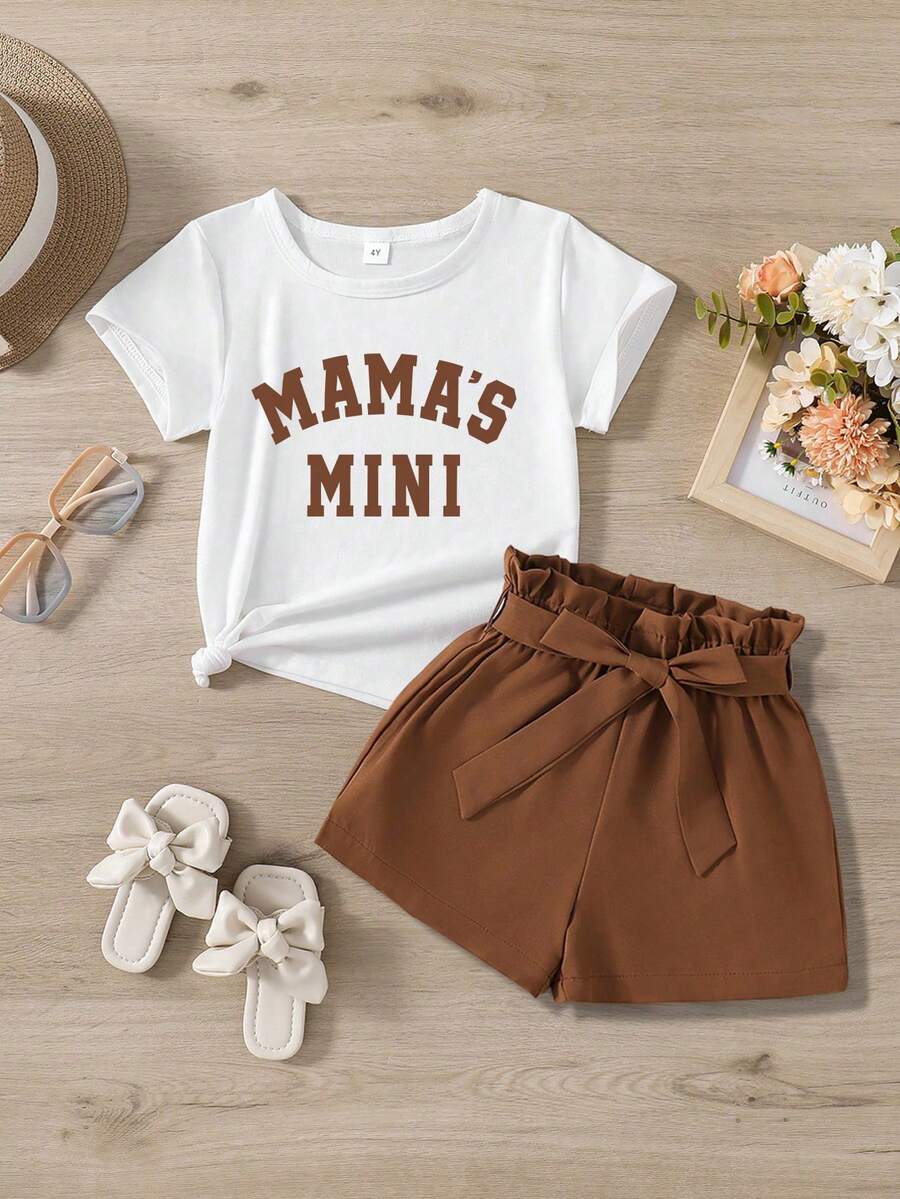 Young Girl Letter Print Short Sleeve T-Shirt And Solid Color Belted Shorts - Yellow - View 1