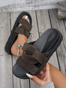 New Fashion Metal Buckle Decor Slip-On Wedge Heel Sandals, Comfortable Non-Slip, Versatile & Easy To Clean, Suitable For Beach & Daily Wear - Coffee Brown - View 3