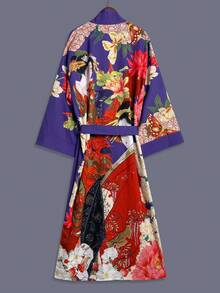 印花中长款七分袖和服式罩衫薄外套，优雅休闲宽松女式外套，适合海滩、旅行、度假、作为睡袍或浴袍穿着，配有腰带，春季款 - 紫色 - 查看 3
