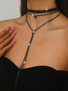 一套时尚多层流苏项链，黑色钻石项链，女士颈链 - 水鑽Y字項鍊 - 查看 4