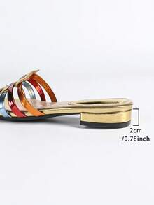 2cm Low Heel Metallic Woven Strap Slide Sandals, Bohemian Style Casual Beach Slippers For Summer - Gold - View 9