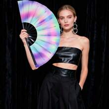 Large-Size Folding Fan - Dreamy Holographic Gradient / Visual Ripple / Kaleidoscope Art Print | Essential Vibe Tool For EDM Festivals, Raves & Parties | Portable Waterproof Folding Fan For Summer Outdoor Cooling | Must-Have Photo Prop For Girls' Streetwear Looks | Sturdy Fan Ribs, Durable & Easy To Open/Close | Multi-Functional Handheld Fan For Daily Commute, Music Festivals, Themed Parties & Travel Check-Ins,Women's Day,Travel Essentials,Wedding Favours,Y2k,Bedroom,Car Accessories Women,Kitchen Decor,Cute Stuff - Multicolor - View 8