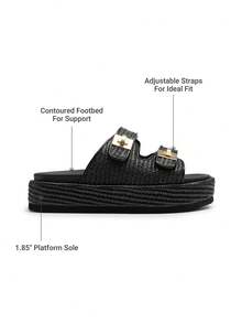 Women's Raffia Espadrilles 1.85-Inch Platform Sandals Comfortable Wedge Sandals Adjustable Buckle Cute Slide Beach Vacation Summer Shoes - Black - View 2