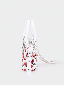 1个复古PU摩托车包，樱花印花，铆钉装饰，金属流苏，可调节肩带，拉链封口，Y2K朋克风格方形手提包，适合日常使用、购物，可装手机、卡包 - 白色 - 查看 7