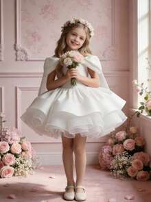 Young Girl' White Elegant Satin Short Sleeve Short Dress, Suitable For Birthday Party, Celebration, Wedding Flower Girl, Photo Shoot, Princess Dress, Prom, Graduation, Formal Occasion - White - View 8