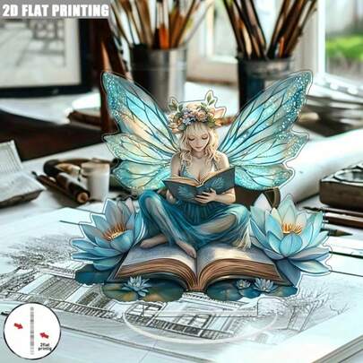 1pc 2D Printed Bohemian Style Acrylic Figurine Plaque Decor Of Fairy With Book, Inspirational Desktop Ornament For Home Decoration