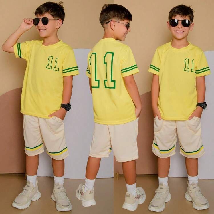 Conjunto Masculino Infantil Kit 2 peças Lançamento Juvenil Verão  Bermuda e Camiseta Dry Fit Veste Do 2 até 12 anos - Amarelo - Visão 1